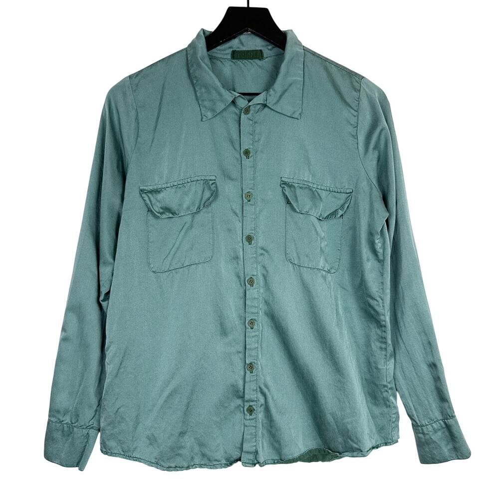 CP Shades Womens Button Up Shirt Green Cotton Silk USA - S